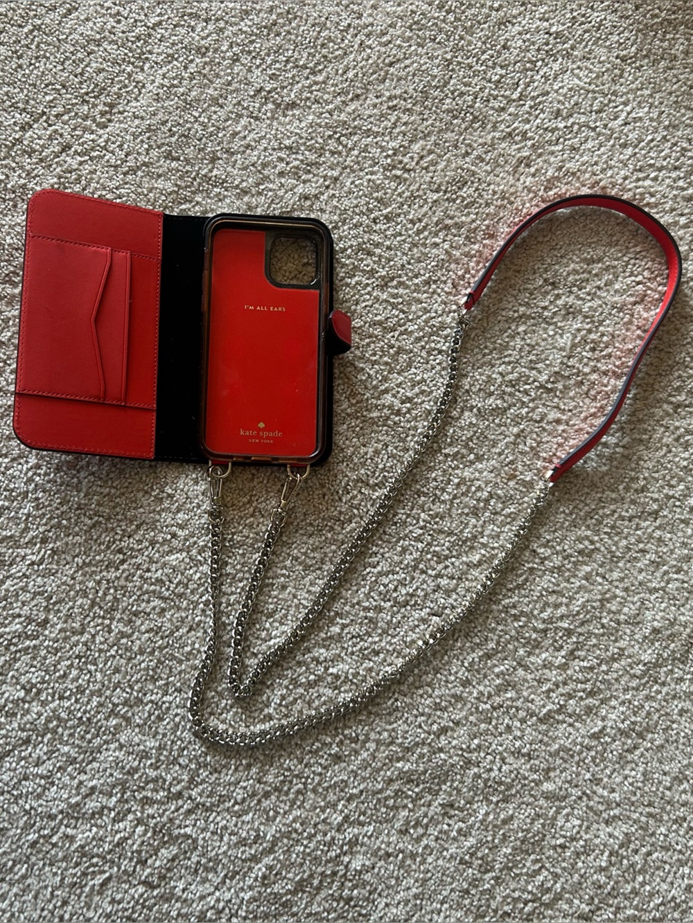 Kate Spade red leather chain wallet/phone case with chain iPhone 14 compatible